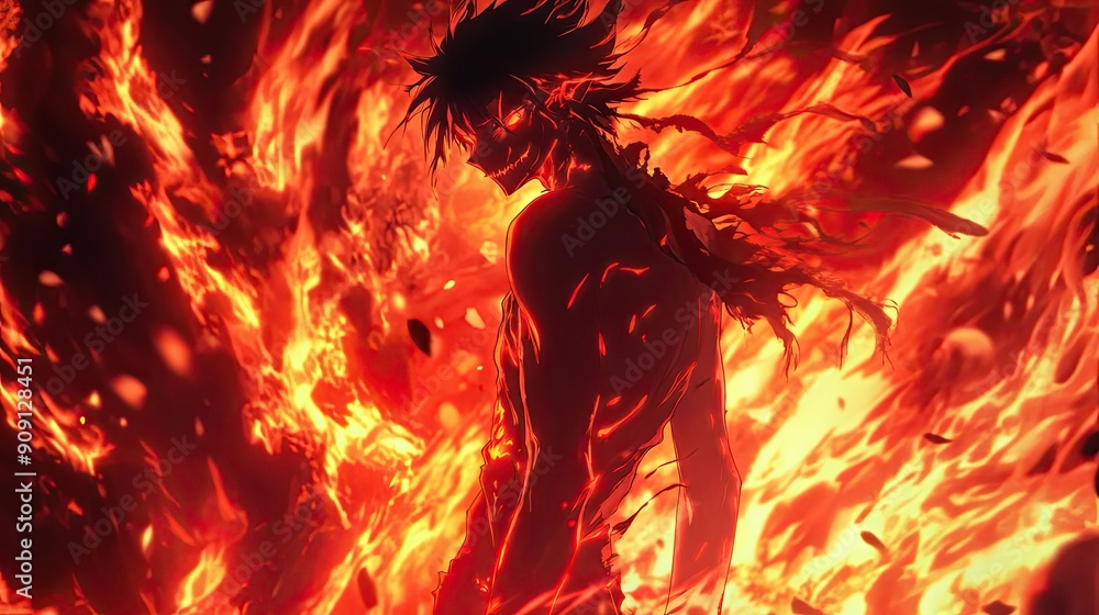 Anime demon character, alone and brooding, with flames and shadows ...