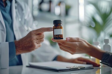 Poster - A doctor is handing a bottle of pills to a patient