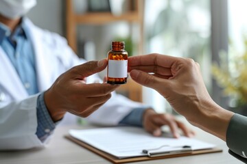 Poster - A doctor is handing a bottle of pills to a patient