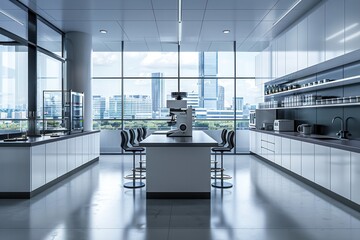 Poster - A large, clean, and modern kitchen with a large window overlooking a city