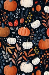 Canvas Print - Colorful Autumn Pumpkin and Floral Pattern on Dark Background