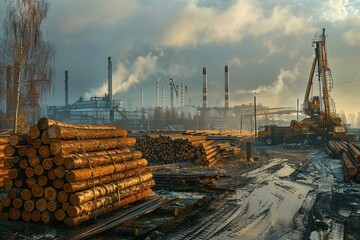 Wall Mural - A large pile of wood is stacked in a field next to a factory