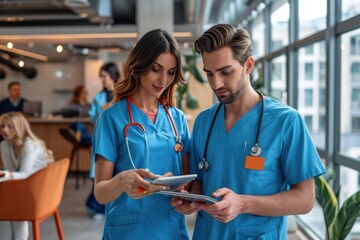 Sticker - Two doctors are looking at a tablet in a hospital setting