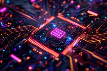 Wall Mural - A computer chip with a square on it is lit up in neon colors