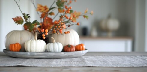 Poster - Autumn Centerpiece With Pumpkins and Berries on a Table