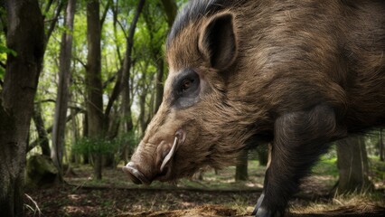 Canvas Print - A boar with large tusks standing in a forested area, AI