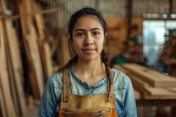 Portrait of a young Hispanic female carpenter in workshop