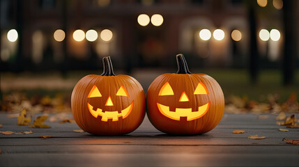 Two glowing jack-o'-lanterns on a wooden surface, symbolizing Halloween festivities and autumn charm in a cozy outdoor setting.