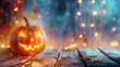 © OP38Studio - Halloween pumpkins on wood in a spooky forest at night, mystical fog, Halloween background, generative ai