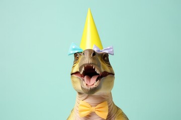 Wall Mural - Creative photos of an animal with a hat and colored background to celebrate birthdays