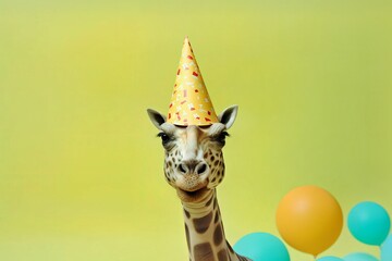 Wall Mural - Creative photos of an animal with a hat and colored background to celebrate birthdays