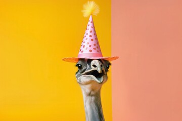 Wall Mural - Creative photos of an animal with a hat and colored background to celebrate birthdays