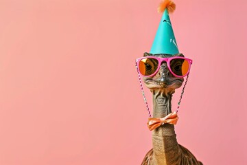 Creative photos of an animal with a hat and colored background to celebrate birthdays