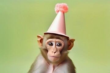 Creative photos of an animal with a hat and colored background to celebrate birthdays