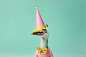 Creative photos of an animal with a hat and colored background to celebrate birthdays