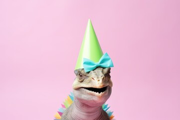 Wall Mural - Creative photos of an animal with a hat and colored background to celebrate birthdays