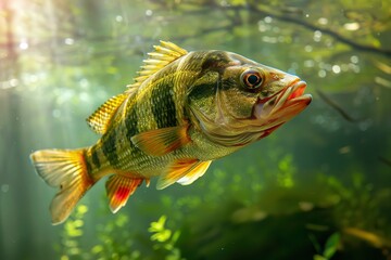 Fishing trophy: large freshwater perch floating in water against a lush green backdrop, Generative AI.