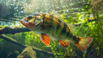 Fishing trophy: large freshwater perch floating in water against a lush green backdrop, Generative AI.