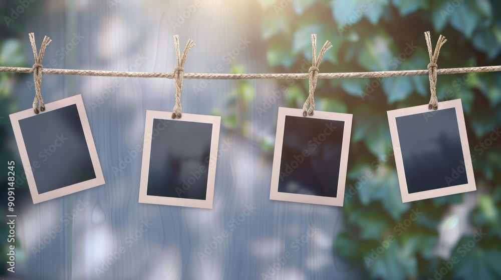 Set of four empty instant photo frames suspended on a rope, isolated on ...
