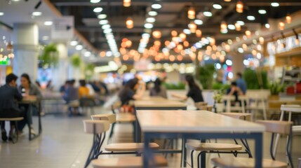 Wall Mural - An indoor cafeteria with people dining and socializing. Light brown chairs, light blue tables, and white bulbs create a cozy atmosphere for visitors to enjoy.