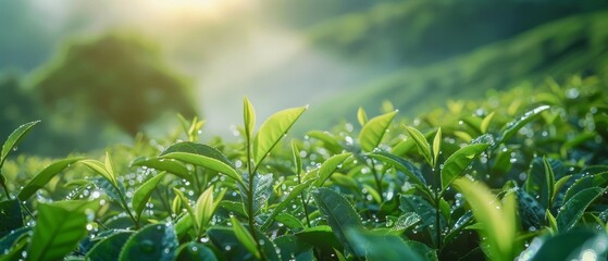 Close-up of dewy green tea leaves in rows, some oily and vibrant, with a fog-shrouded mountain in the background. Serene and natural setting captured.