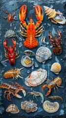 An image of seafood on a dark blue background resembling water, with a prominent lobster and other shellfish. The cold, marine-themed backdrop enhances the visually striking arrangement.