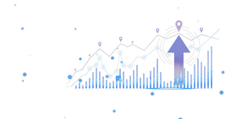 Fototapete - Financial chart with an upward arrow and data points on a white background, symbolizing market growth and financial trends. 3D Rendering