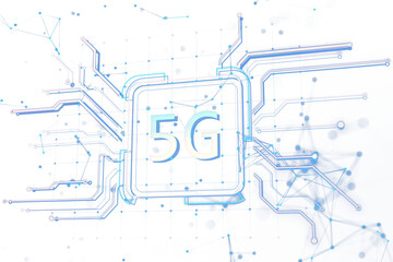 Sticker - Abstract image of 5G technology symbol with blue circuit lines on a white background. Represents modern communication concept. 3D Rendering