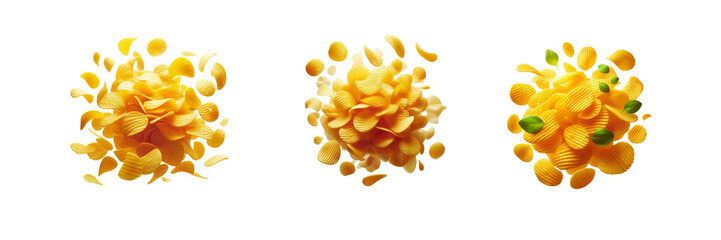 Set of Crispy golden potato chips in air, isolated over on transparent white background