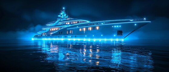 Luxurious yacht blueprint glowing in blue light on a dark background