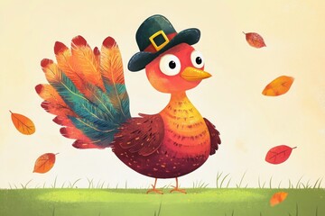 Poster - Thanksgiving illustration of a cute turkey in pilgrim hat on grass with autumn leaves falling around