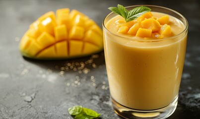 Poster - A glass of creamy mango smoothie accompanied by fresh mango slices.