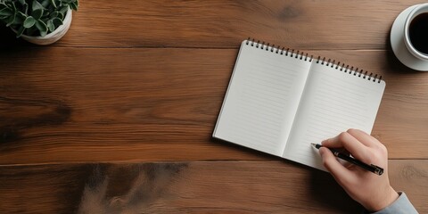 Hand Writes Notes on Notepad: A top view of a hand writing on a notepad with a pen, a plant, and a cup of coffee on a wood table. Perfect for concepts like productivity, work, business, office, and pl