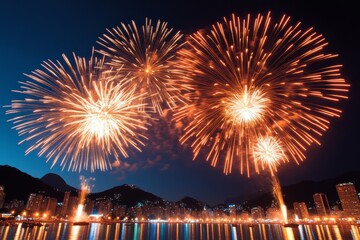 Wall Mural - Bursting fireworks illuminate the night sky casting a vibrant glow over Brazils Independence Day festivities 