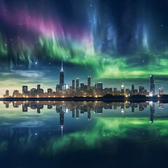 Wall Mural - Aurora borealis in the night sky over the city.