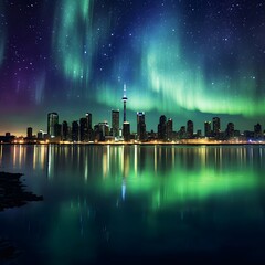 Wall Mural - Aurora borealis over Reykjavik, Iceland.