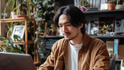 Wall Mural - A man is sitting at a desk with a laptop in front of him. He is wearing a brown shirt and he is focused on his work. The room is filled with plants, giving it a natural and calming atmosphere