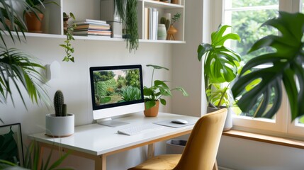 Poster - Cozy home office with a desk, computer, bookshelves, and a large window with a view of the garden, creating an inviting workspace 