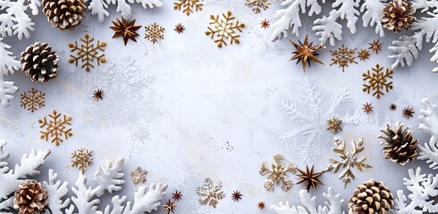 Wall Mural - A white background with a lot of snowflakes and pine cones