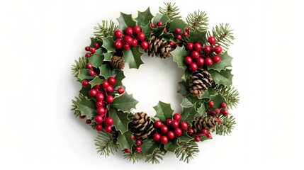 Poster - Festive Christmas wreath adorned with holly berries and pinecones on a white background 