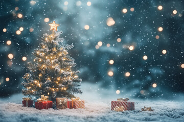 A decorated Christmas tree with gifts and a stunning bokeh background of glowing lights, creating a magical winter wonderland. Generative AI tools