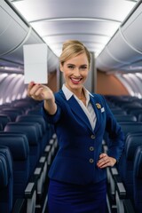 Wall Mural - A woman in a blue uniform holding up an airplane boarding pass, AI