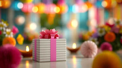 Sticker - Wide-angle view of a Diwali gift exchange in a brightly decorated room with colorful lanterns, flowers, and lit diyas 