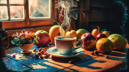 Poster - A cup of coffee on a table with apples and other fruits, AI