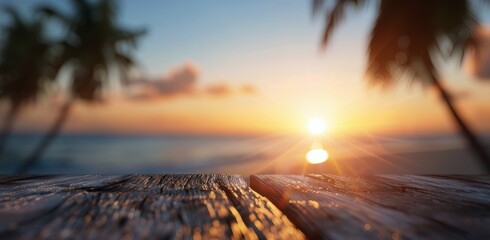 Poster - Sunset Over Tranquil Ocean With Silhouetted Palms Near Wooden Dock