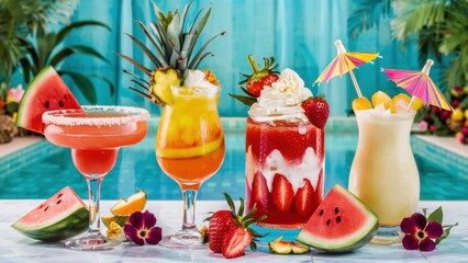 Poster - A group of drinks with fruit and watermelon sitting next to a pool, AI