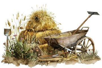 Vintage farming equipment with a haystack, wheelbarrow, gardening tools, and wildflowers, capturing a rustic and nostalgic rural scene.