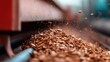 © Maximages  - Close-up view of wood chips in motion on a conveyor belt within an industrial setting, highlighting the mechanical process and efficiency of material transport.