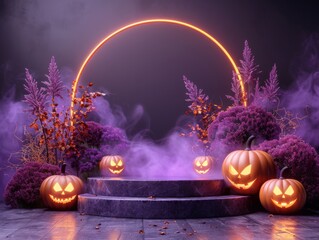 halloween background with pumpkin and candles, halloween podium