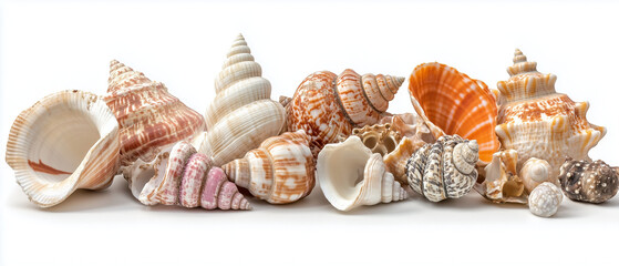 Exotic seashells in different shapes and colors on a white background